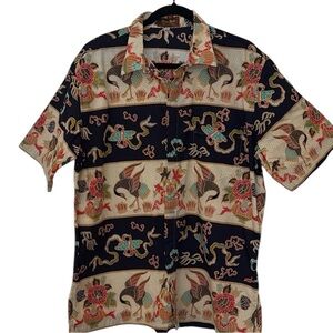Danar Hadi button front , small flaw, navy/orange/cream print, 17-17.5